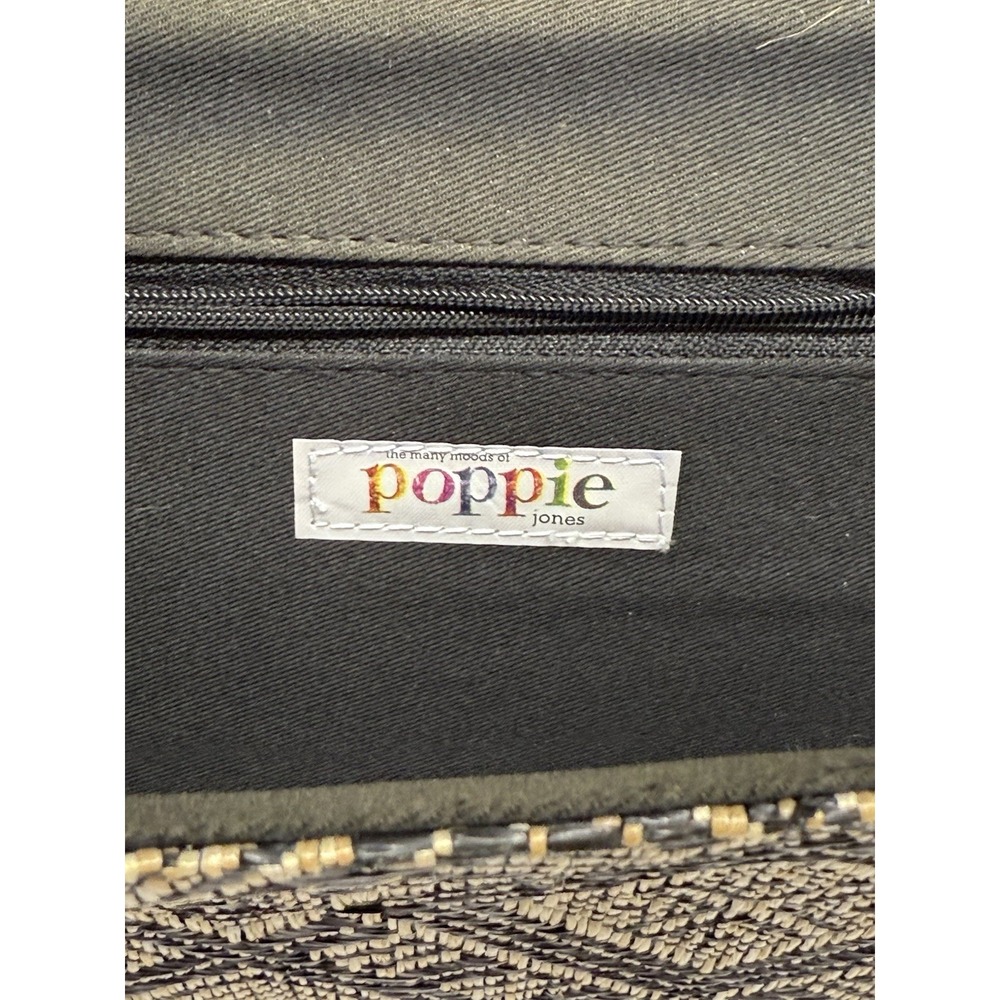 Poppie Jones Woven Rattan Black /Tan/ Purse Bag Clutch Silver Chain Snap Closure - Picture 10 of 12